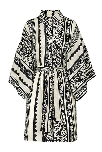 Ethnic Style Black White One-Piece Swimsuit Long Sleeve Cover-Up