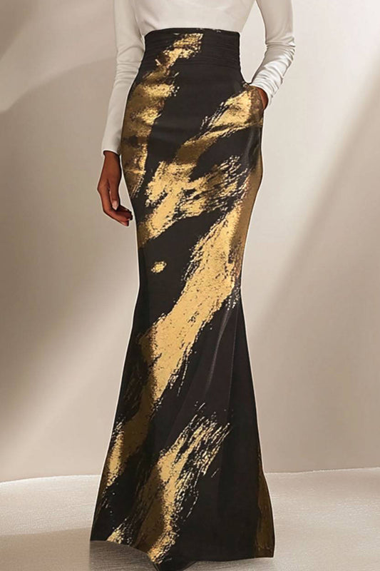 Evening Contrast Dress Slanted Collar and Long Sleeves Black Gold Maxi Dress