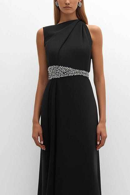 Elegant Black Evening Dress Rhinestone Belt Sleeveless Maxi Dress