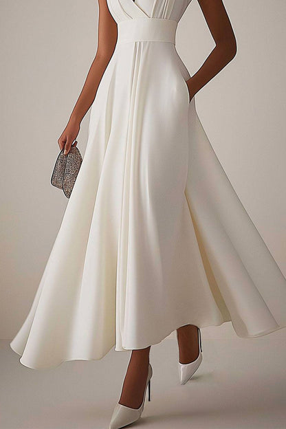 Evening Elegant Dress Sleeveless Deep V Neck Pleated Design Ball Gown Maxi Dress