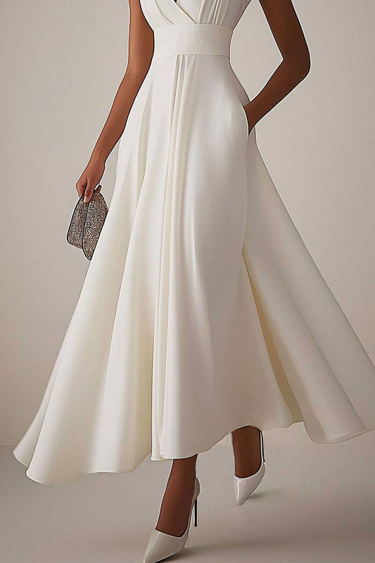 Evening Elegant Dress Sleeveless Deep V Neck Pleated Design Ball Gown Maxi Dress