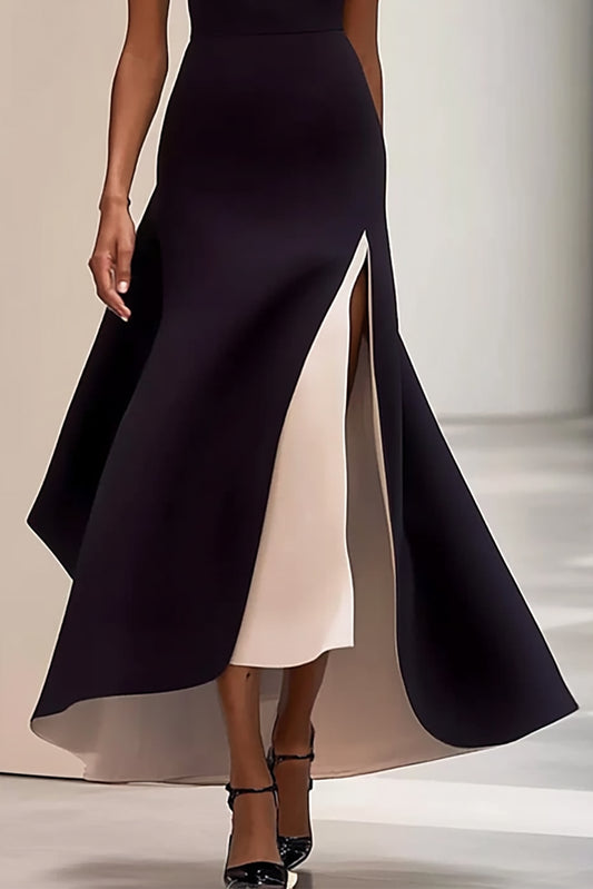 Elegant Slit Dress Cap Sleeve Black White Color Block Maxi Dress