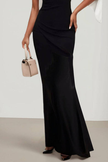 Evening Design Dress Color-Block One-Shoulder Slit Sleeve Waist Pleated Maxi Dress