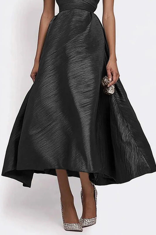 Elegant Prom One-Shoulder Dress Bow Accent Black Midi Dress