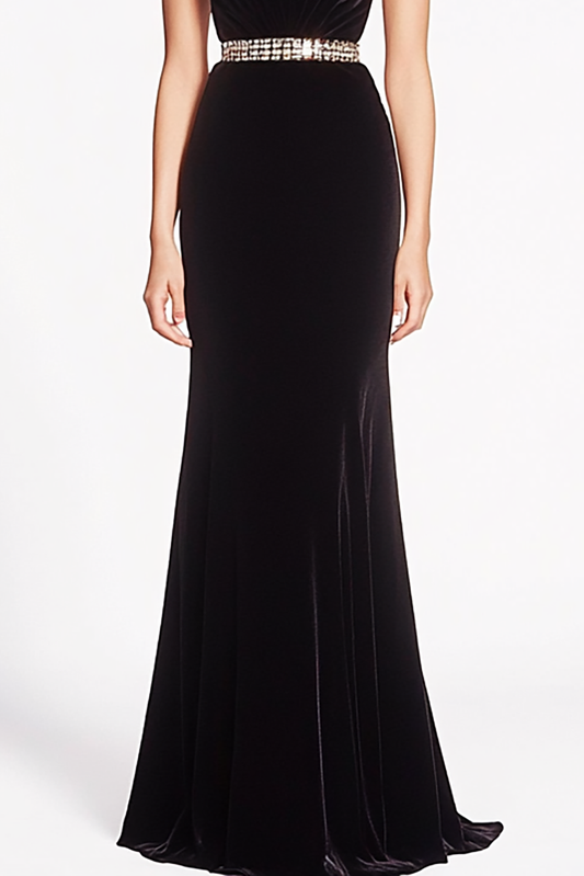 Elegant Retro Velvet Dress Halter Neck Hollow Rhinestone Belt Long Dress