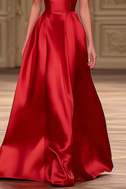 Evening Formal Red Dress Tube Top Satin Ball Gown Long Dress