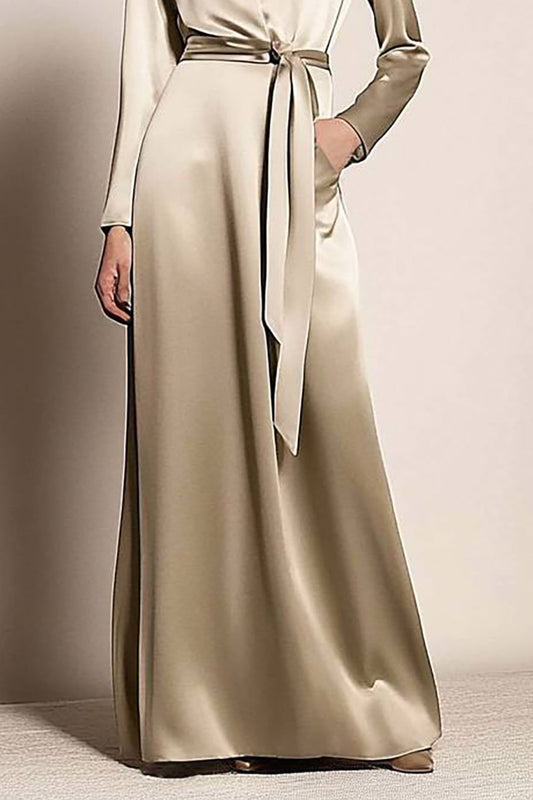 Daily Semi-formal Dress Elegant Satin Shirt V-Neck Long Sleeves Maxi Dress