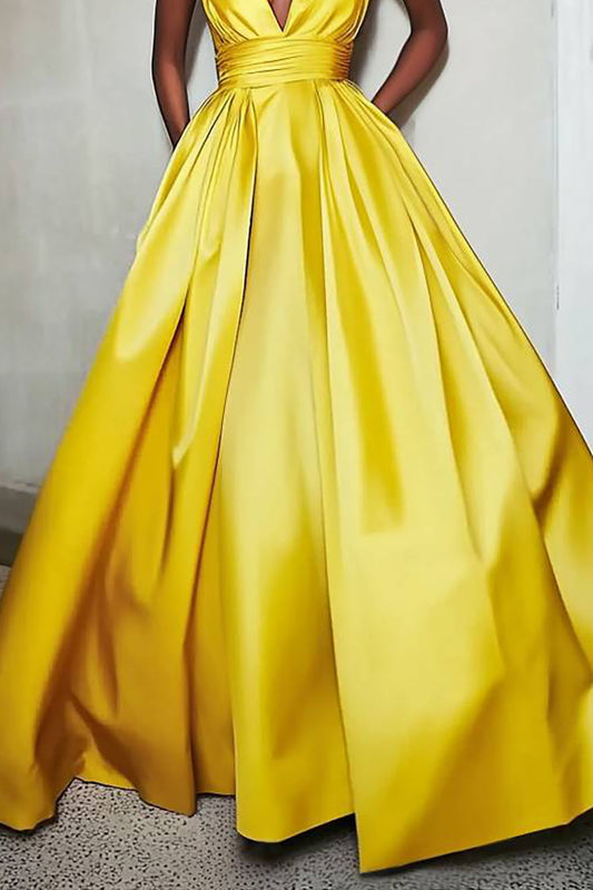 Evening Party Dress Strapless Deep V-Neck Ball Gown Maxi Dress