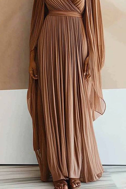 Evening Party Dress Pleated V-Neck Cape Maxi Dress