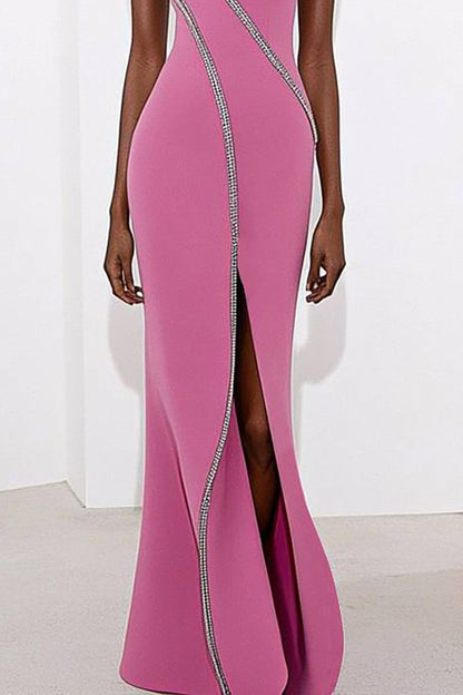 Evening Party Dress One Shoulder lines Decoration High Slit Maxi Dress
