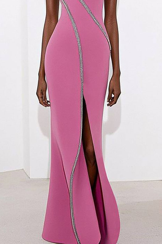 Evening Party Dress One Shoulder lines Decoration High Slit Maxi Dress