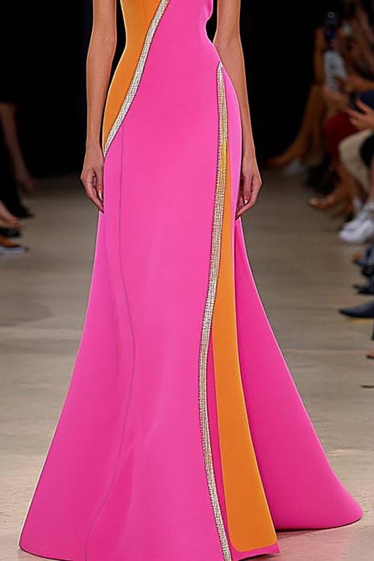 Evening Party Dress One Shoulder lines Decoration Color-Block Mermaid Maxi Dress