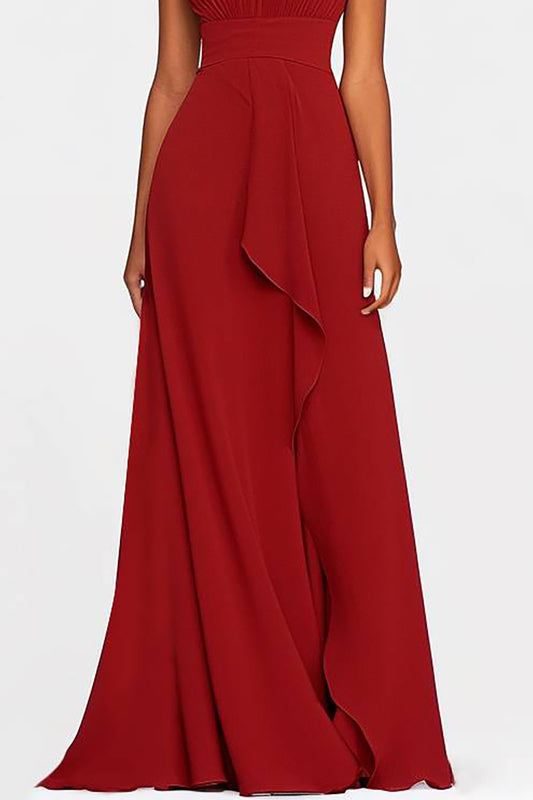 Evening Party Halter Dress Sleeveless Ruffle Draped Maxi Dress