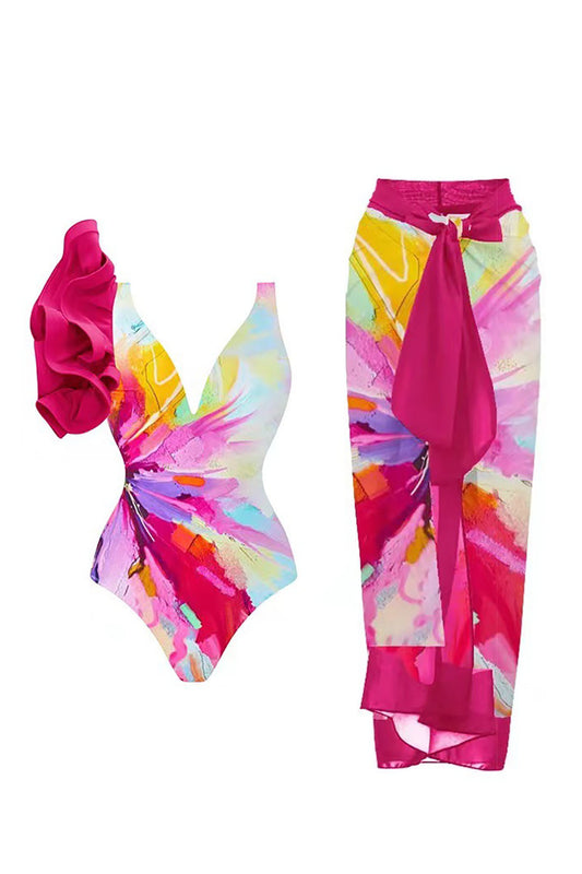 3D Red Petal Sleeve Colorful V-Neck One-Piece Swimsuit and Cover-Up