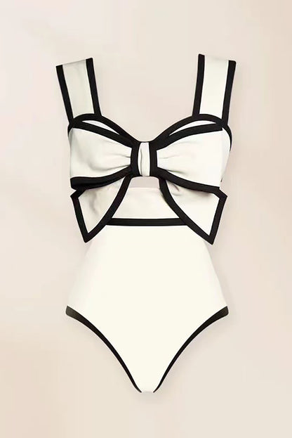 3D Bow White Black Polka Dot One-Piece Swimsuit and Skirt Set