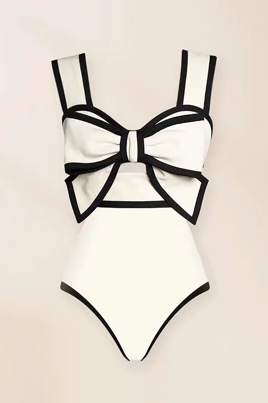3D Bow White Black Polka Dot One-Piece Swimsuit and Skirt Set