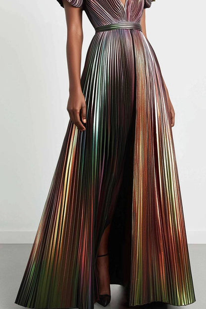 Formal Evening Dress Metallic Fabric Deep V High Split Maxi Dress