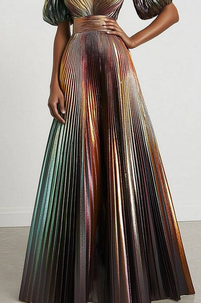 Formal Evening Dress Metallic Fabric Bubble Sleeve Deep V Pleated Maxi Dress