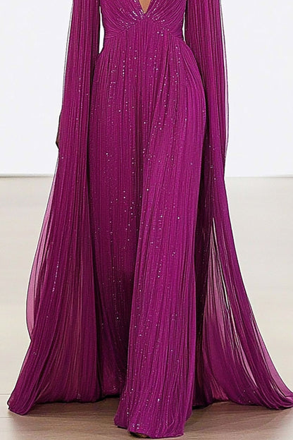Formal Evening Dress Mesh Deep V Sequin Cape Floor-Length Dress