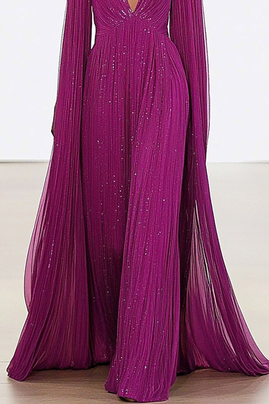 Formal Evening Dress Mesh Deep V Sequin Cape Floor-Length Dress