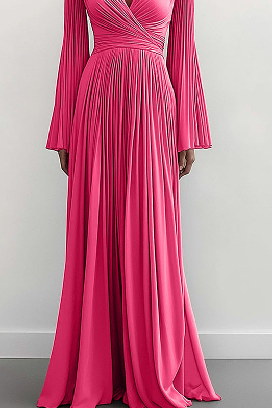 Elegant Prom Dress Deep V Long Sleeve Bell Sleeve Pleated Draped Floor-length Gown