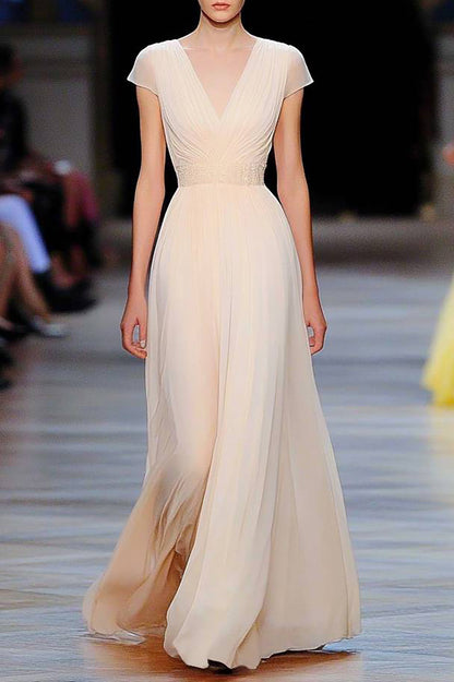 Evening Prom Beige Dress V-Neck Chiffon Pleated Floor-Length Dress