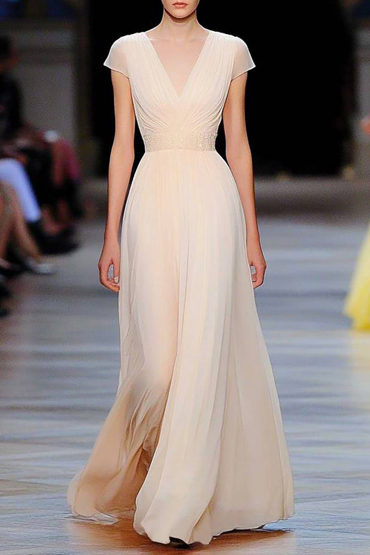 Evening Prom Beige Dress V-Neck Chiffon Pleated Floor-Length Dress