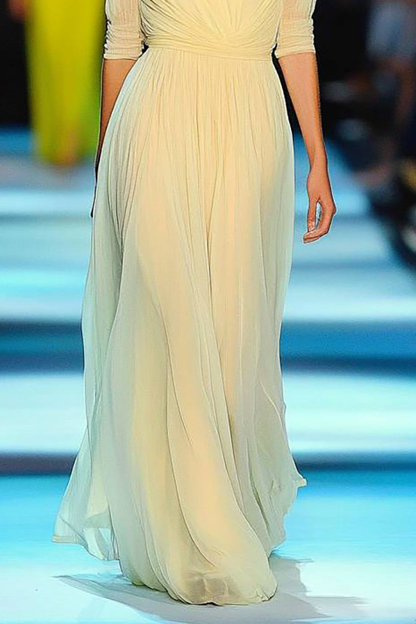 Evening Prom Chiffon Dress Light Yellow V-Neck Half Sleeve Floor-Length Dress