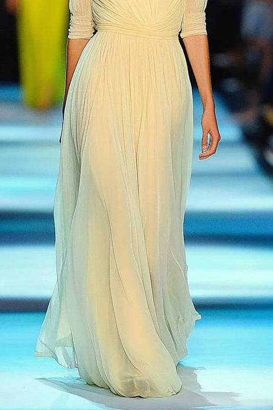 Evening Prom Chiffon Dress Light Yellow V-Neck Half Sleeve Floor-Length Dress
