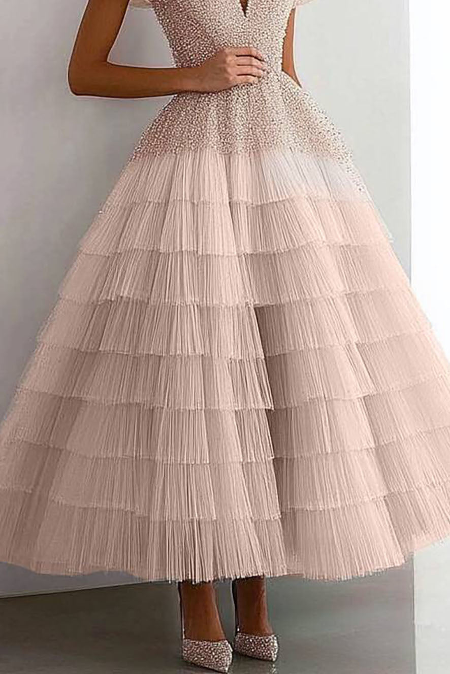Evening Prom Tiered Dress Off-Shoulder Rhinestone Ruffled Graduation Dress