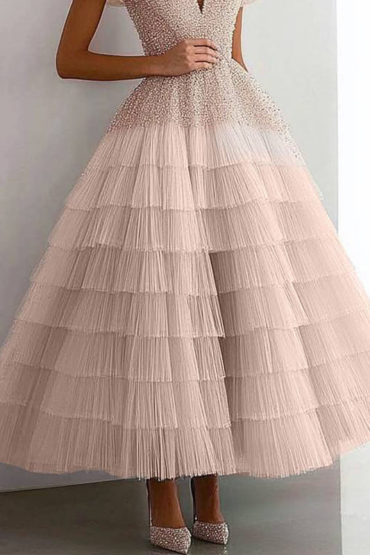 Evening Prom Tiered Dress Off-Shoulder Rhinestone Ruffled Graduation Dress