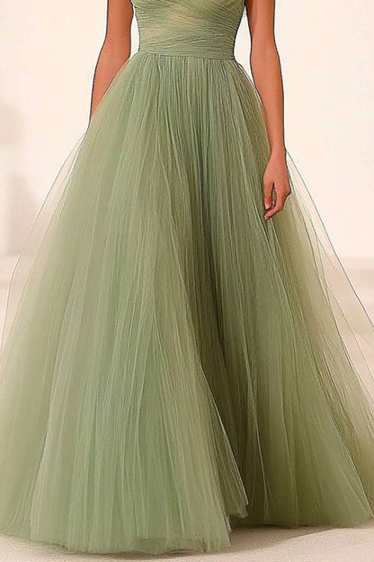 Formal Prom Mesh Dress Sage Green Off-Shoulder Pleated Maxi Dress