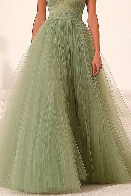 Formal Prom Mesh Dress Sage Green Off-Shoulder Pleated Maxi Dress
