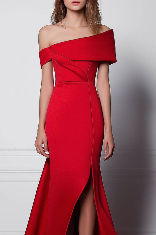 Formal Evening Red Dress One Shoulder Split Floor Length Dress