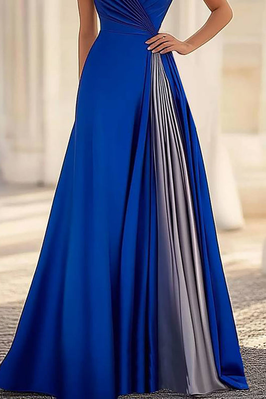 Evening Formal One-Shoulder Dress Pleated Color-block Maxi Dress
