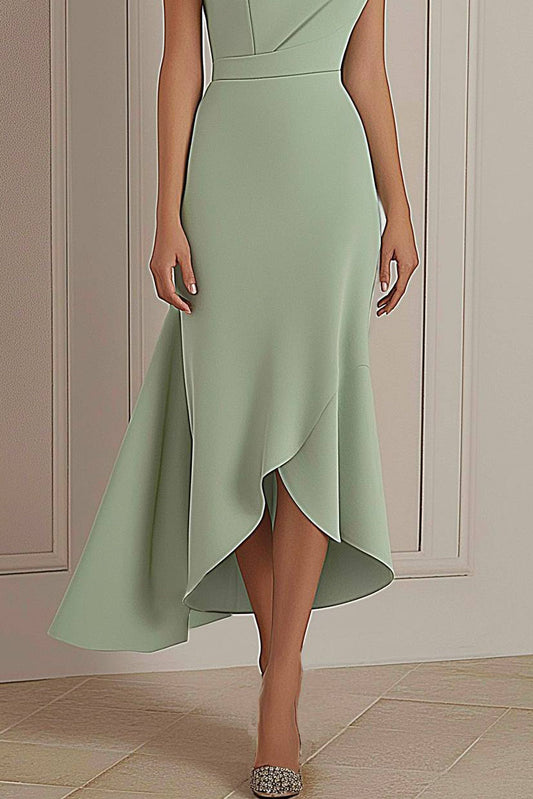 Daily Party Dress Sage Green Round Neck Asymmetric Midi Dress