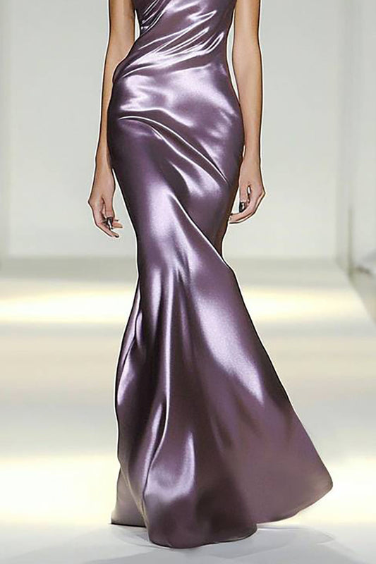 Evening Party Satin Dress Purple One-Shoulder Pleated Maxi Dress