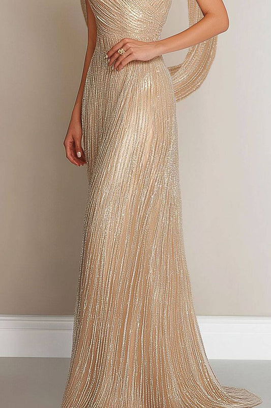 Formal Evening Gold Gown V-Neck Drop Floor-Length Dress
