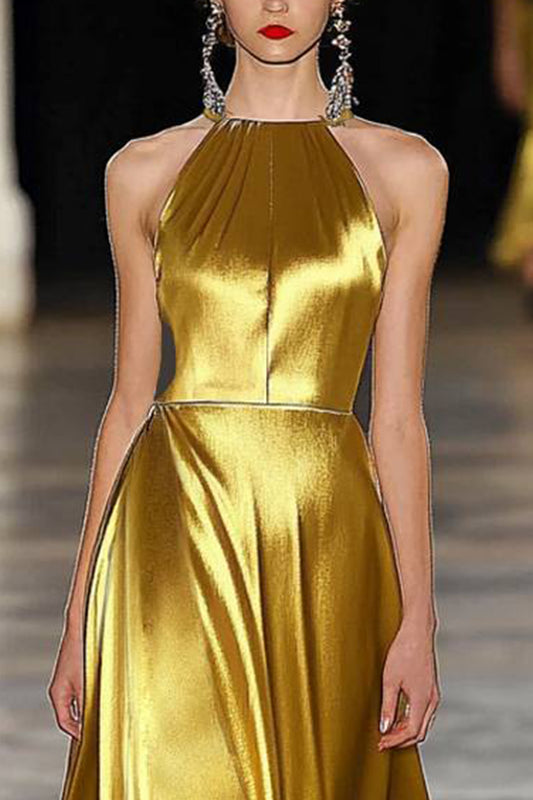 Formal Evening Gold Dress Sleeveless Halter Satin Floor-Length Dress