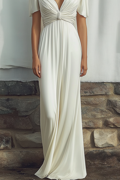 Elegant Evening Dress White V-Neck Draped Pleated Floor-Length Dress