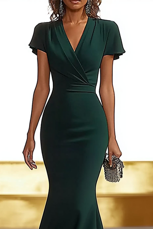 Formal Deep Green Dress V-Neck Flutter Sleeves Sheath Maxi Dress  Mother of the Bride Dress
