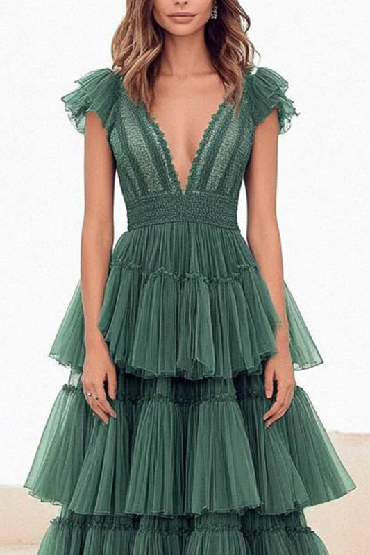Evening Party Dress Green V-Neck Ruffle Multi-Layer Maxi Dress