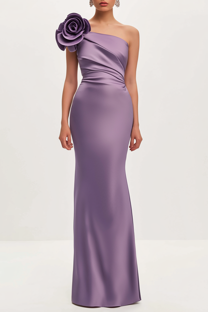 Formal Evening Satin Dress Purple One Shoulder 3D Floral Floor-Length Dress