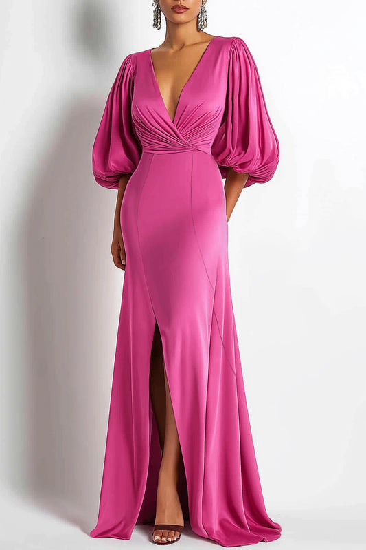 Formal Fuchsia Gown Deep V Bubble Sleeve Side Slit Floor-Length Dress