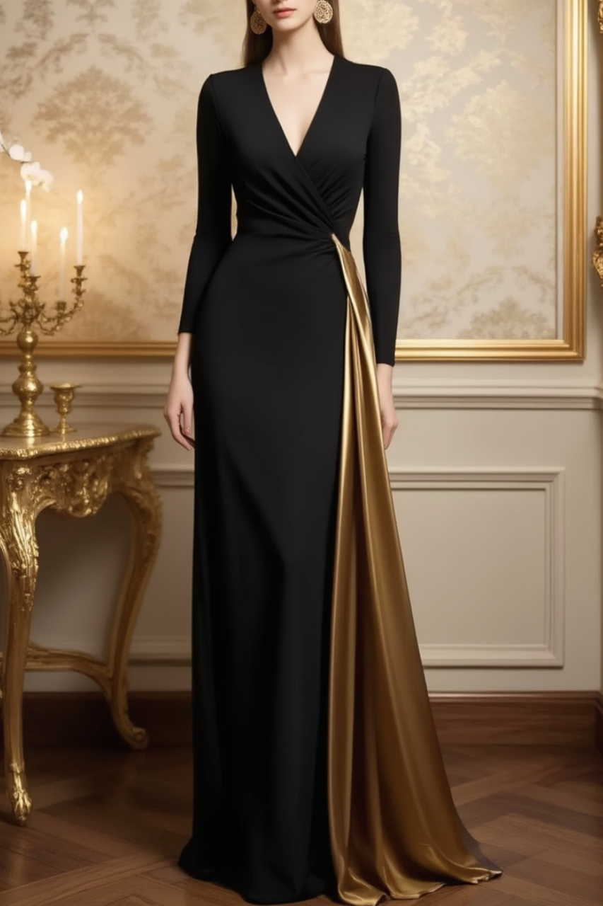 Evening Dress Black V Neck Colorblock Floor-Length Dress