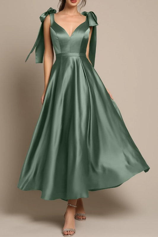 Evening Formal Satin Dress Green V Neck A-Line Maxi Dress