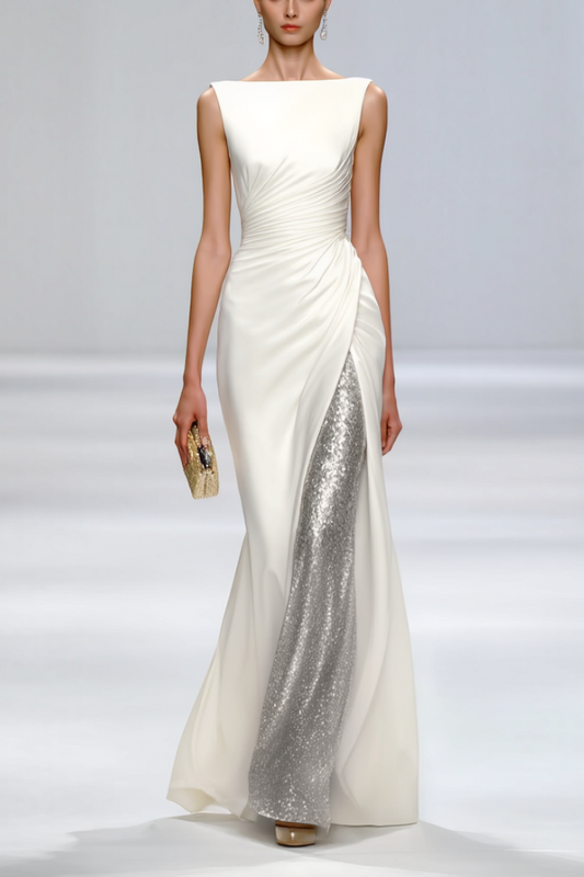 Formal Sequin Dress White Crew Neck Floor-Length Dress
