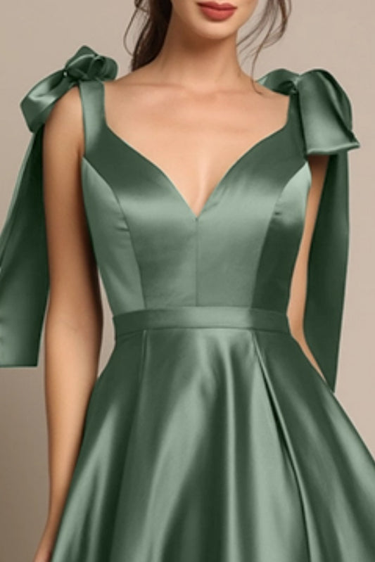 Evening Formal Satin Dress Green V Neck A-Line Maxi Dress