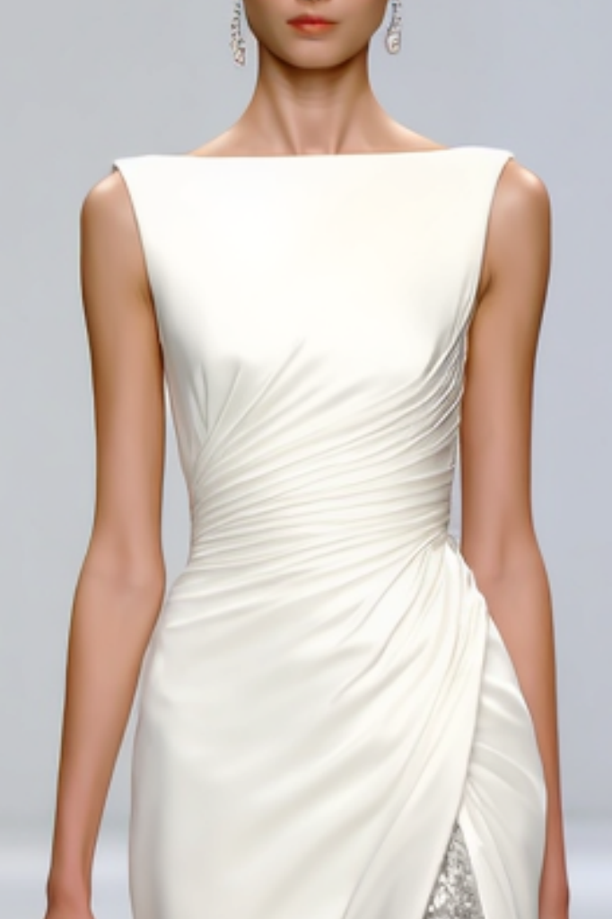 Formal Sequin Dress White Crew Neck Floor-Length Dress