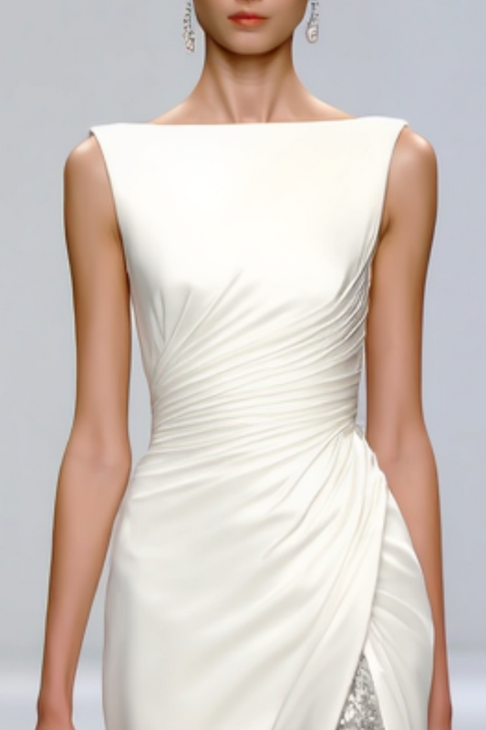 Formal Sequin Dress White Crew Neck Floor-Length Dress